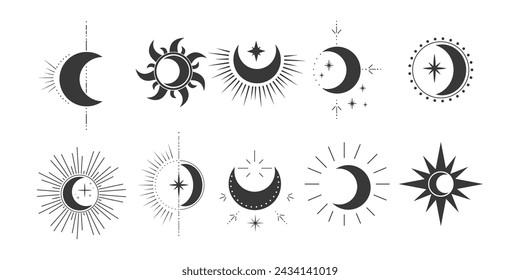 Conjunto de la luna mística astrología celestial elemento mágico con rayos, estrellas, ráfaga de línea mínima tatuaje, borde o decoración de símbolos de espacio aislados, emblema.