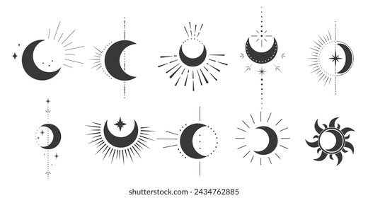 Set mystic moon celestial astrology magic element with rays, stars, burst minimal line tattoo, border or decoration isolated Space symbols, emblem.