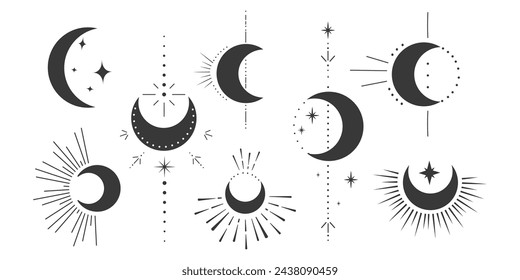 Conjunto de la luna mística astrología celestial elemento mágico con rayos, estrellas, ráfaga de línea mínima tatuaje, borde o decoración de símbolos de espacio aislados, emblema.