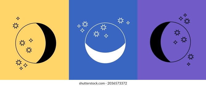 Set of mystic moon linear logo icon on colorful backgrounds. Cute template for cosmetics, beauty, tattoo, jewelry store. Hand drawn art sun and crescent moon. Flat cartoon vector illustration