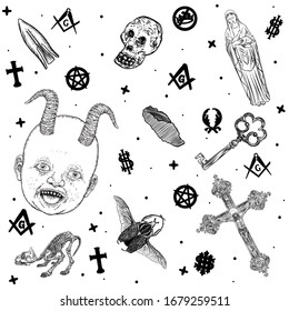 Set with mystic and occult hand drawn symbols. Wicca and pagan tradition. Magic craft and esoteric concept. Vintage alchemical mysticism and occultism. Witchcraft for witches and wizards. Vector. 