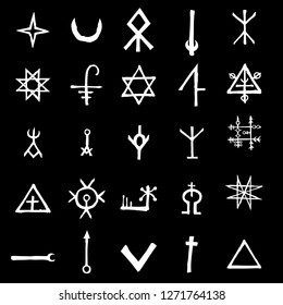 Set with mystic and occult symbols. Hand drawn and written alphabet signs. Spiritual masonic tattoo ideas. Vector.