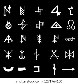 Set with mystic and occult symbols. Hand drawn and written alphabet signs. Spiritual masonic tattoo ideas. Vector.