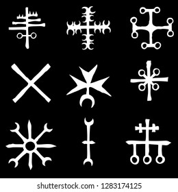 Set with mystic and occult symbols. Hand drawn and written alphabet signs. Spiritual masonic tattoo ideas. Vector.