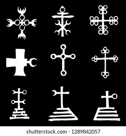 Set with mystic and occult symbols. Hand drawn and written alphabet signs. Spiritual masonic tattoo ideas. Vector.
