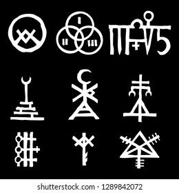 Set with mystic and occult symbols. Hand drawn and written alphabet signs. Spiritual masonic tattoo ideas. Vector.