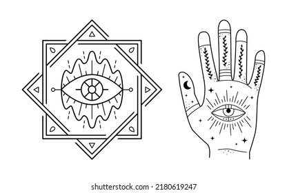 Set of mystic prints with Evil Seeing eyes. Occult emblem print, graphic design tattoo. Esoteric sign alchemy, providence sight