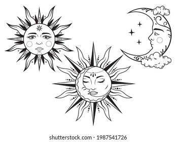 Set of mystic sun and moon. Collection of bohemian style vintage with face. Stylized symbol of tarot card. Mystical element. Tattoo. Wicca sun. Vector illustration on white background.