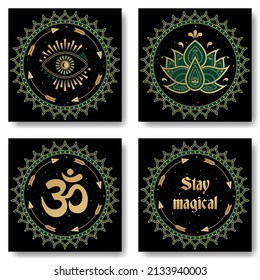 Set of Mystic symbols folk illustration. Magical mandala round shape. Vector background