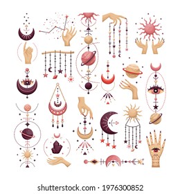 The set of mystical astrological vector illustration. Magic symbols. Zodiac. Astronomy. 