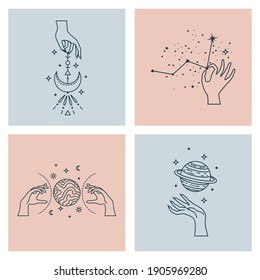 Set of mystical astrological vector illustrations. Magic symbols. Zodiac. Astronomy. Line art illustrations.