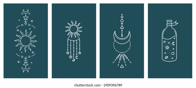 Set of mystical astrological vector illustrations. Magic symbols. Zodiac. Astronomy. Line art illustrations.