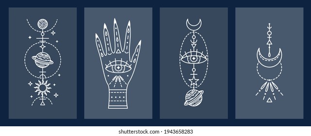 Set of mystical astrological vector illustrations. Magic symbols. Zodiac. Astronomy. Line art illustrations.