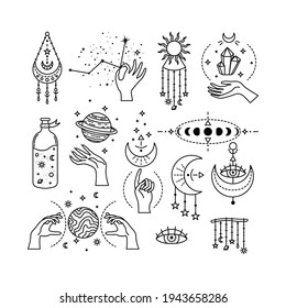 Set of mystical astrological vector illustrations. Magic symbols. Zodiac. Astronomy. Line art illustrations.