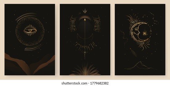 Set of mystical astrology aesthetic illustrations. Beautiful bohemian print with moon, stars, mountains.