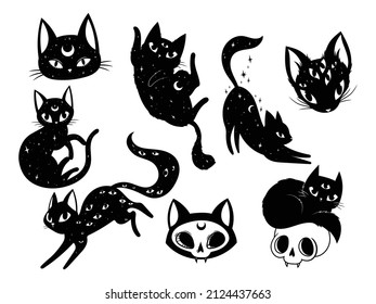 Set of mystical black cats. Collection of silhouette halloween cats with stars, moon, evil eye. Wiccan familiar. Vector illustration of magic kitten on white background. Tattoo.