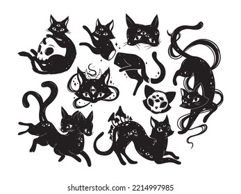 Set of mystical black cats. Collection of silhouette halloween cats with stars, moon, evil eye. Wiccan familiar. Vector illustration of magic kitten on white background. Tattoo.