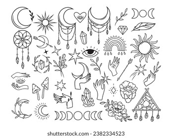 Set of mystical boho elements. Collection of magical items: all-seeing eye, crescent moon, cow's head, arrow with feather, dream catcher. Esoteric icons. Vector illustration for a witchcraft postcard.