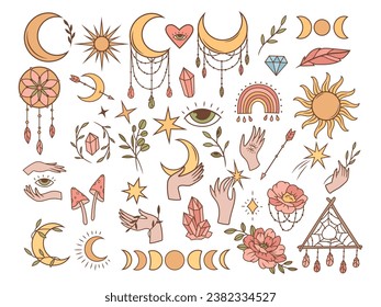 Set of mystical boho elements. Collection of magical items: all-seeing eye, crescent moon, cow's head, arrow with feather, dream catcher. Esoteric icons. Vector illustration for a witchcraft postcard.