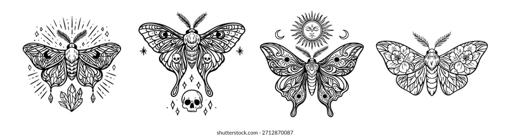 Satz mystischer Boho Motten mit himmlischen und esoterischen Symbolen