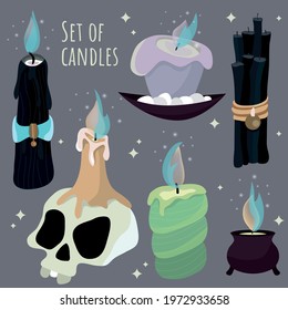 Set of mystical candles. Ritual objects. Witch candles. Vector illustration for games, books, textiles. Abstract magic background. Candle skull. Halloween.