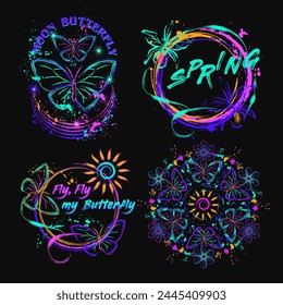 Set of mystical celestial labels with butterfly, sun icon, paint brush strokes, splattered paint. Glowing neon fluorescent colors, text. Virtual surreal nature. Outline, contour illustrations.