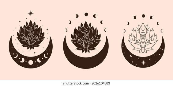 Set of mystical and celestial lotus illustration. Hand drawn vector design elements 
