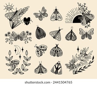 Set of mystical celestial moths, flowers and branches, vector floral and fauna illustration, mystical floral elements