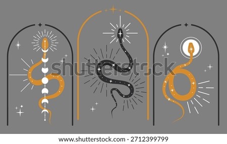 Set of mystical celestial snakes. Boho snakes with moon, stars and sun. Collection of spiritual occultism symbols, esoteric objects. Design for tattoo, print. Serpents and magic witchy symbol Vector