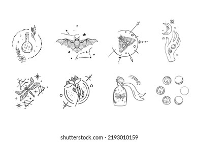Set of mystical composition vector line art illustration with magic elements