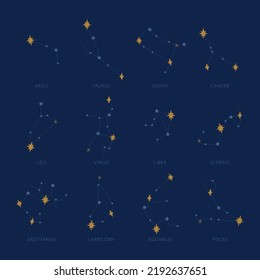 Set of mystical constellations. Magical elegant collection of cosmic elements. Cute set of stylized moons, suns, planets, constellations and other unusual compositions.