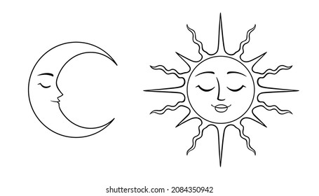 Set of mystical elements of the Crescent Moon and the Sun with faces. Stylized vector art with symbols of astrology, magic, or zodiac concept. Line illustrations for logo, social media, web, print. 