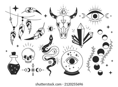 Set of mystical elements. Esoteric and stickers for social networks in minimalist style. Divination and witchcraft, energy. Bohemian style icons, collection of boho. Cartoon flat vector illustration