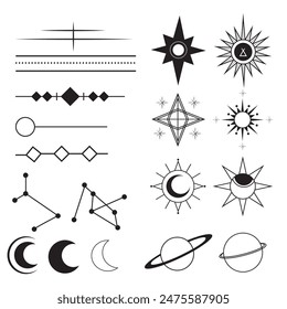 A set of mystical elements like stars, moons, and planets in black on white isolated background. Ideal for celestial, mystical-themed projects.

