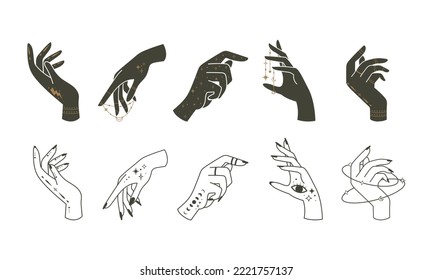 Set of mystical esoteric hand logo. Flat vector occult design