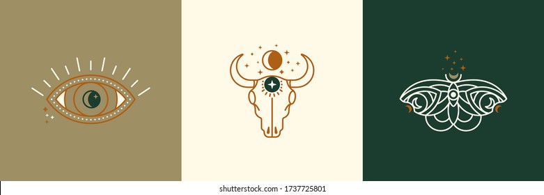 A set of mystical and esoteric logos in a trendy minimal linear style. Vector emblems butterfly, cow skull, eye, moon and stars.