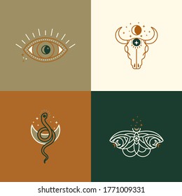 A set of mystical and esoteric logos in a trendy minimal linear style. Vector emblems butterfly, cow skull, snake, eye, moon and stars.