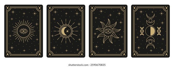 A set of mystical esoteric tarot card templates featuring Sun, Moon, Eclipse, and Eye symbols. These templates are perfect for astrology, mysticism, and occult-themed projects,  creating  tarot decks.