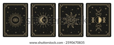 A set of mystical esoteric tarot card templates featuring Sun, Moon, Eclipse, and Eye symbols. These templates are perfect for astrology, mysticism, and occult-themed projects,  creating  tarot decks.
