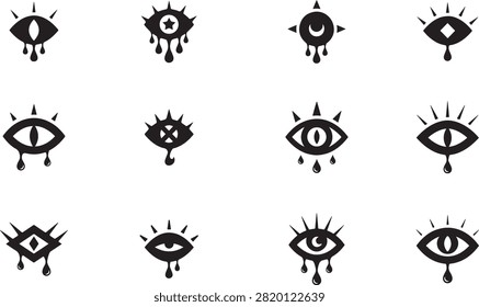 Set of mystical eye featuring crying eyes with celestial symbols like stars and moons in black silhouette style.