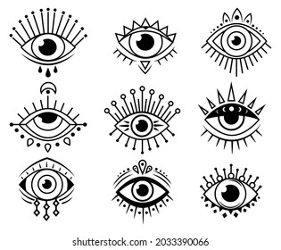 Set of mystical eyes. Collection of boho eyeballs in linear style. Occult mystic emblem. Evil seeing eye. Hamsa eye. Vector illustration on white background. 