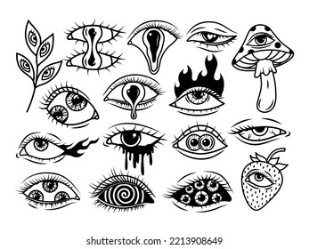 Set of mystical eyes. Collection of Halloween eyeballs in linear style. Occult mystic emblem. Evil seeing eye. Vector illustration on white background. 