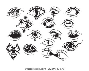 Set of mystical eyes. Collection of Halloween eyeballs in linear style. Occult mystic emblem. Evil seeing eye. Vector illustration on white background. 