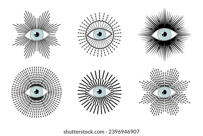 Set of mystical eyes.  Seeing eye. Tattoo, esoteric occult symbol of freemason. Spiritual, mystic all seeing eye of God signs set of freemasonry conspiracy, alchemy or occult religion amulet. Vector 