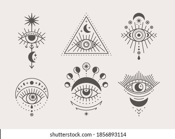 Set of Mystical Eyes, Sun and Moon Icons in a Trending Minimal Linear Style. Vector Isoteric Illustration for t-shirt Prints, Boho Posters, Cards, Covers, Logo Designs and Tattoos.