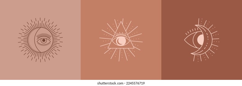 Set of Mystical Eyes, Sun and Moon Icons in a Trending Minimal Linear Style. Vector Isoteric Illustration for t-shirt Prints, Boho Posters, Covers, Logo Designs and Tattoos.