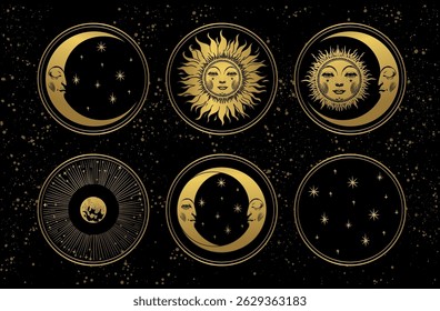 Set of mystical golden celestial symbols, sun with face, moon and stars on black background banner, astrology icons collection. Vector illustration.