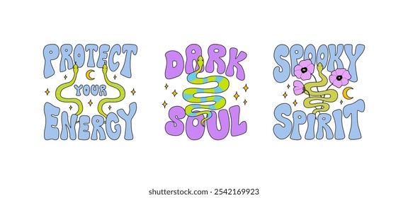 Set of mystical groovy quotes and snakes. Vector illustration of lettering protect your energy, dark soul and spooky spirit