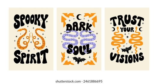 Set von mystischen Halloween-Plakaten mit Buchstaben-Zitaten und Schlangen. Vektorgrafik flache Darstellung der Schlangen. Esoterisches okkultes Design