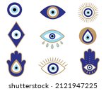 Set of mystical hamsa. Collection of  different amulet blue evil eye or Turkish eye. Modern amulet for protection. Spirituality sign.